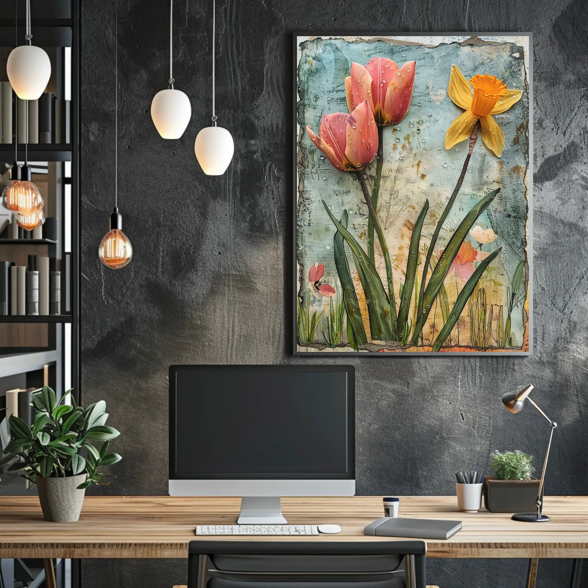 Blooming Springtime Tulips and Daffodils Abstract Artistic Poster PosterGoat