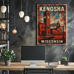 Vintage Kenosha Clock Tower Art Deco Cityscape Poster