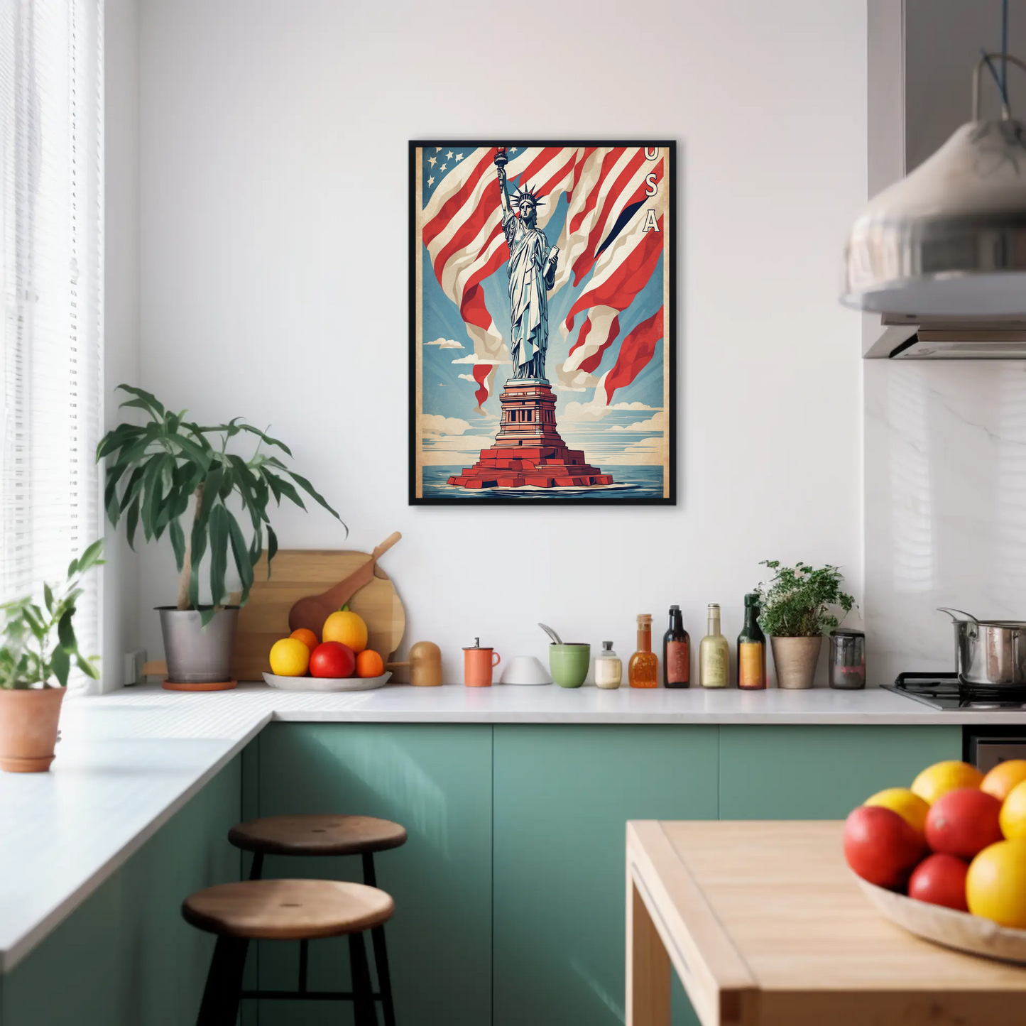 Liberty Statue American Flag Waves Vintage Travel Poster