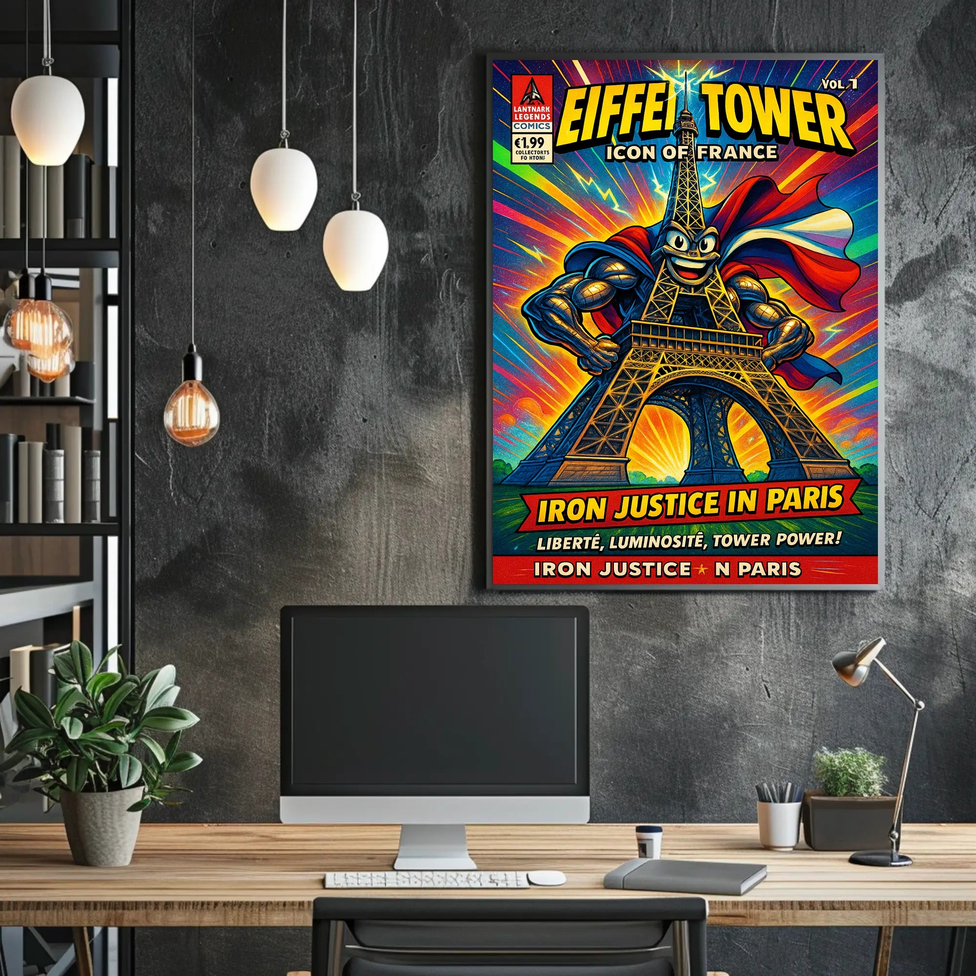 Eiffel Tower Superhero Comic Art Cultural Poster