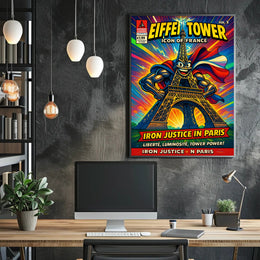 Eiffel Tower Superhero Comic Art Cultural Poster