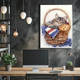 Adorable Fluffy Tabby Cat Sleeping In Basket Poster