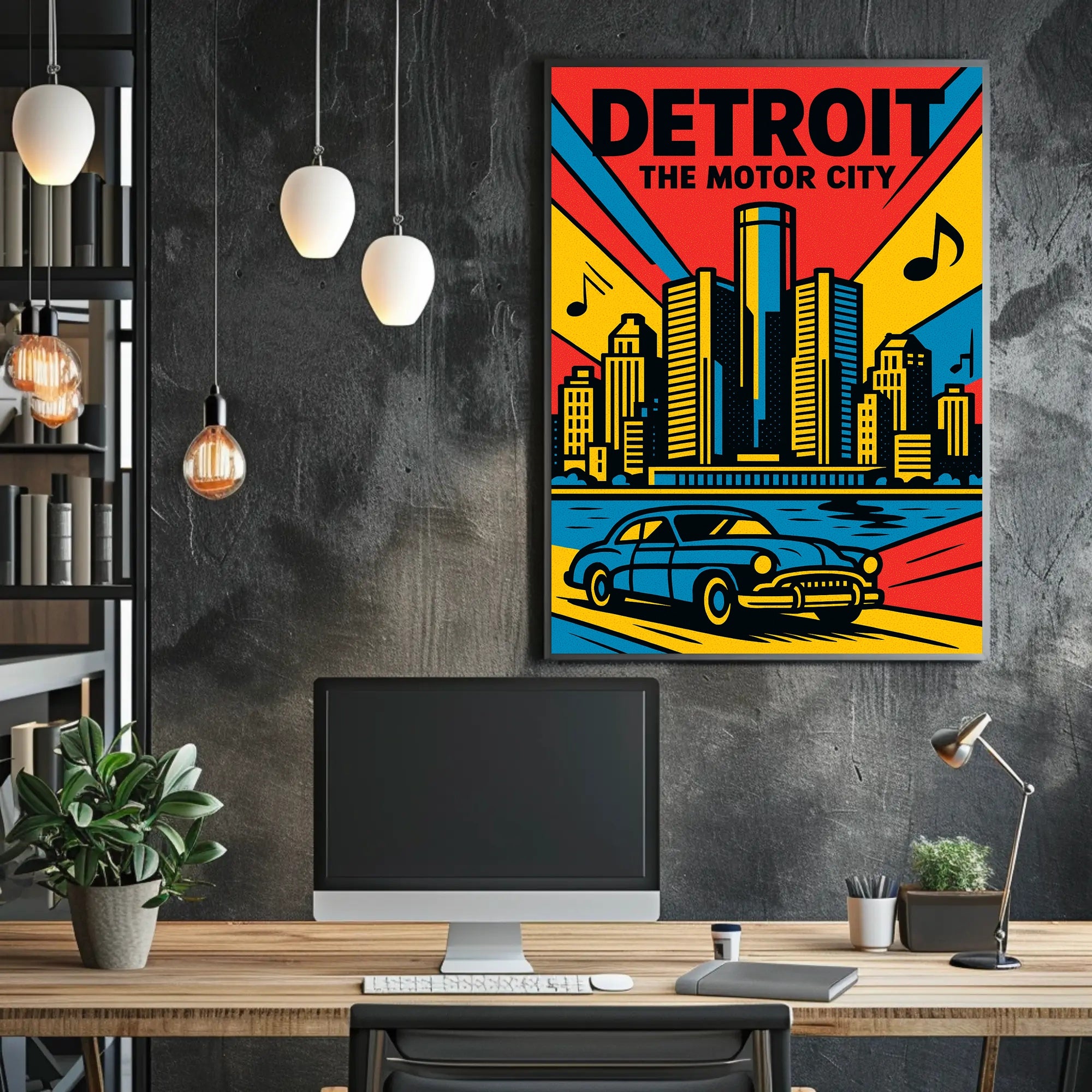 Detroit Skyline Classic Car Vibrant Urban Cityscape Poster