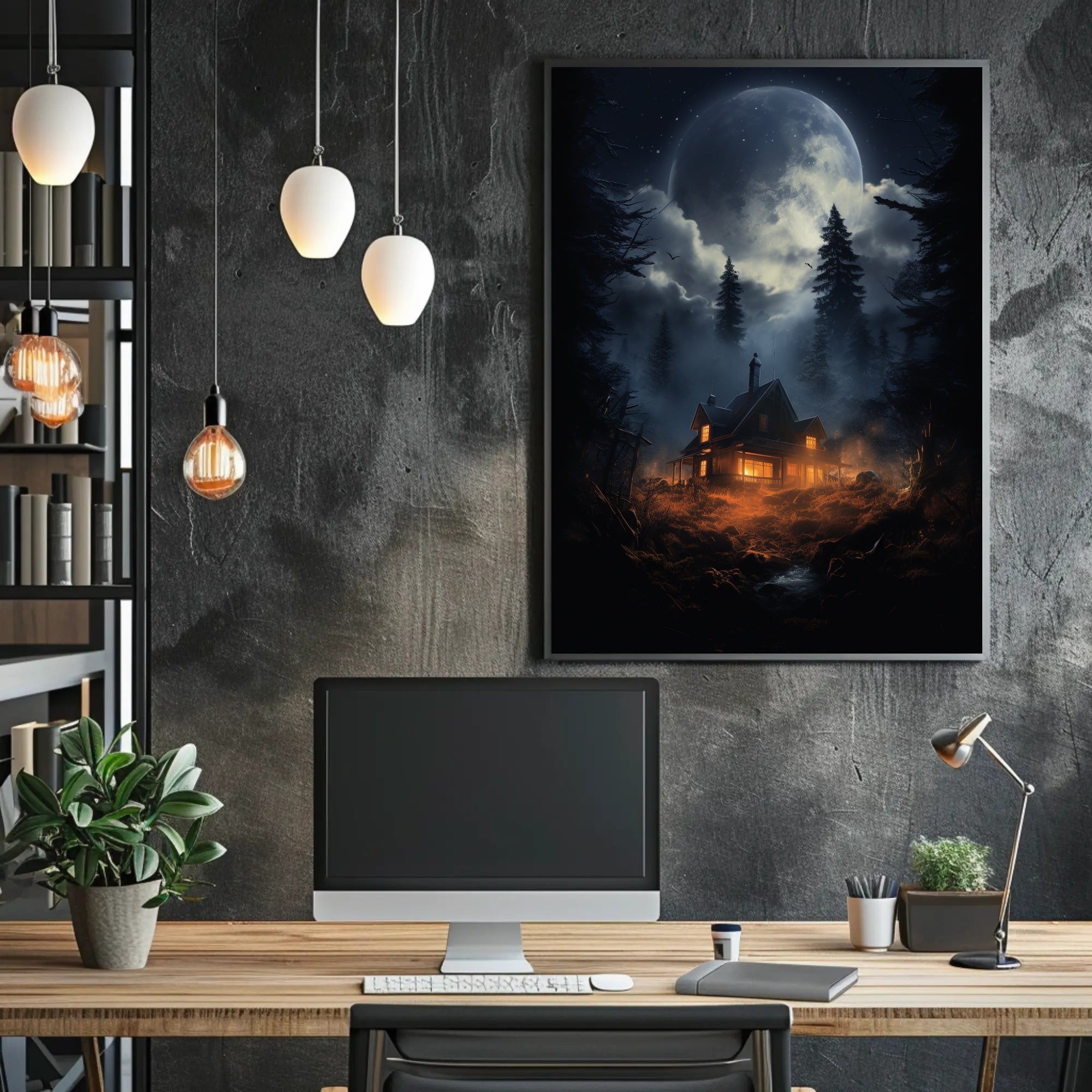 Moonlit Cabin In The Woods Poster