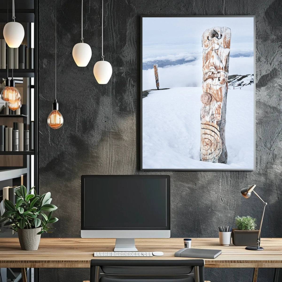 Snow-Covered Totem Poles Poster