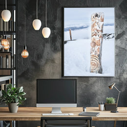 Snow-Covered Totem Poles Poster