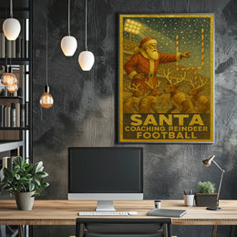 Santa Coaching Reindeer Football Poster