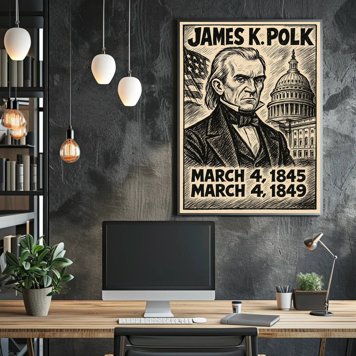 James K. Polk 11th President of the United States B & W Comic Sketch Poster