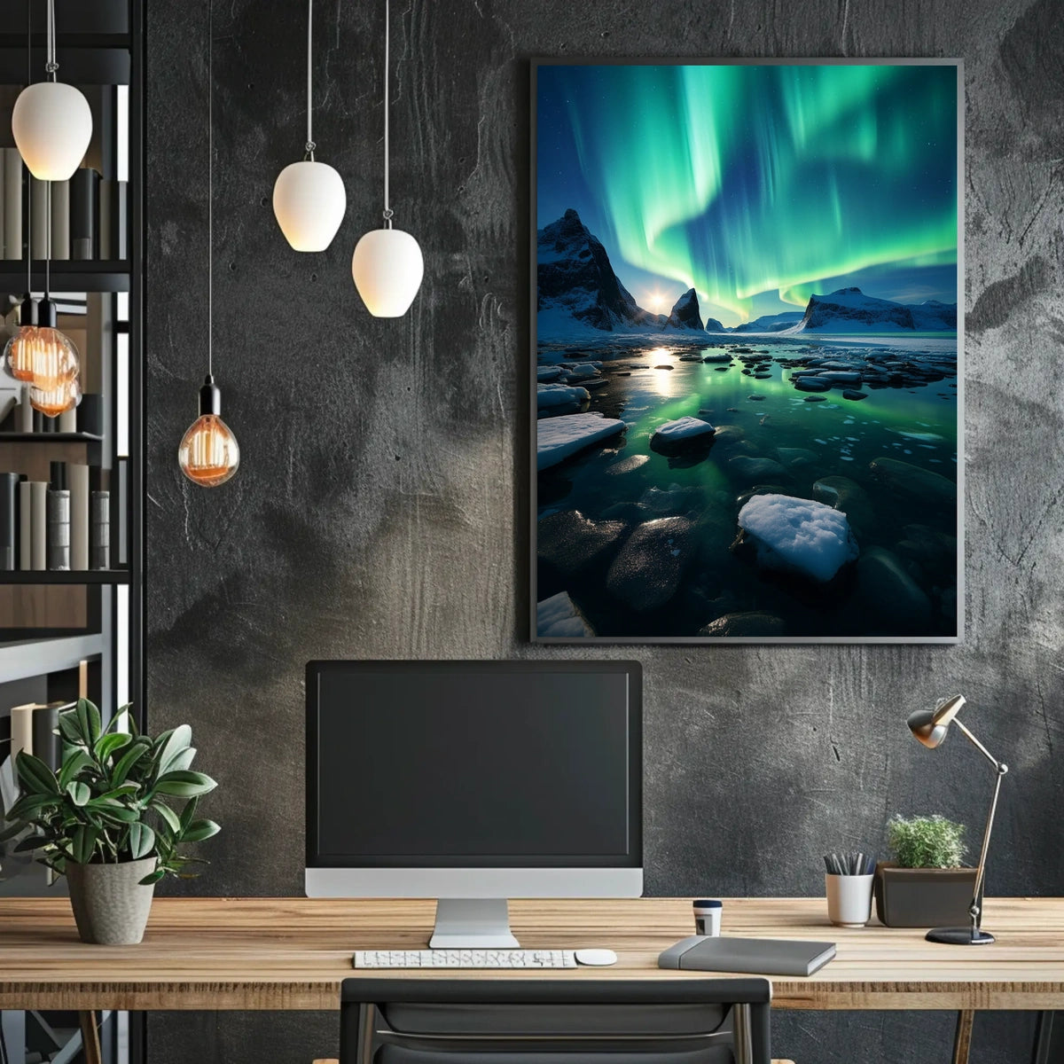 Aurora Borealis Over Icy Landscape Poster