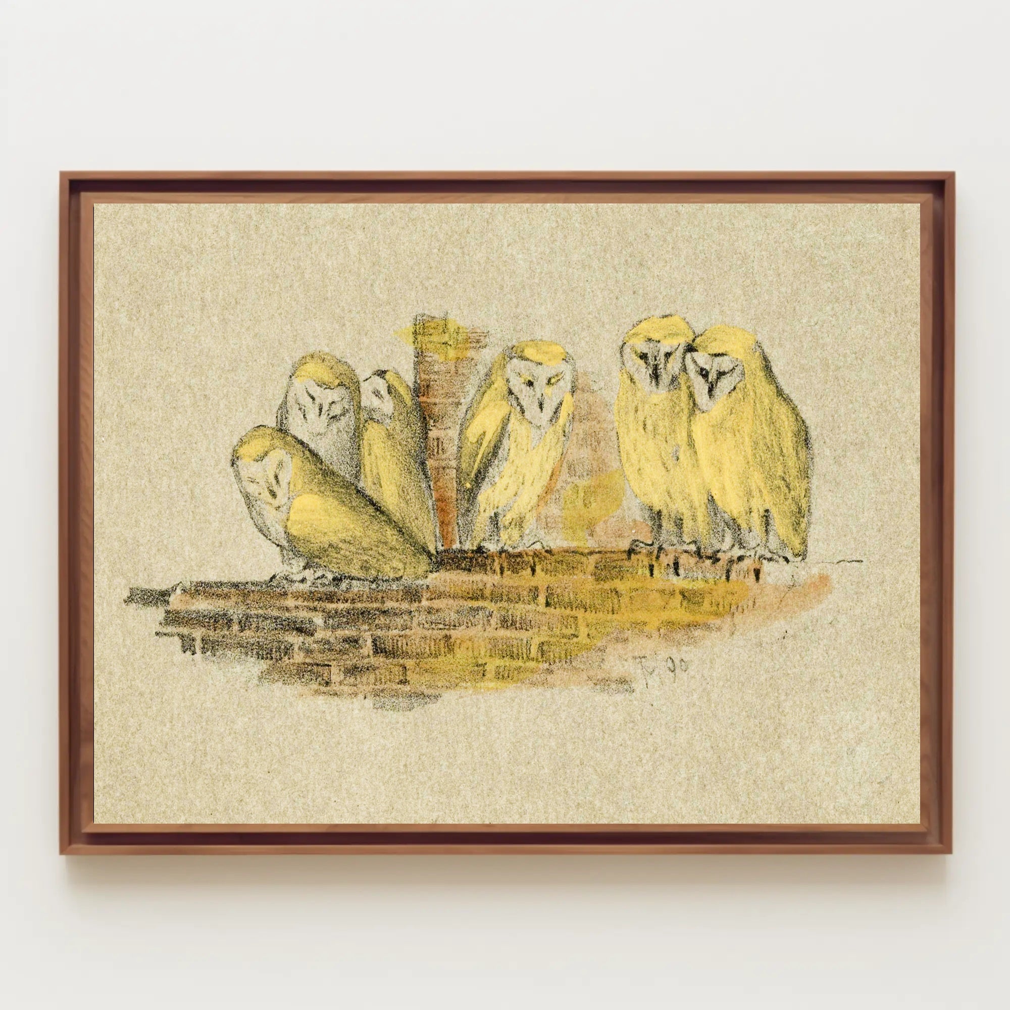 Owls on Rustic Ledge Vintage Animal Poster