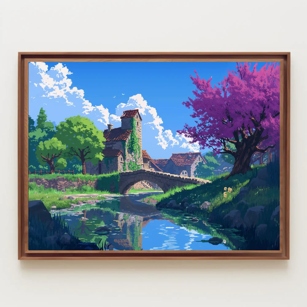 Serene Countryside Bridge and Cottage Art Poster