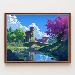 Serene Countryside Bridge and Cottage Art Poster