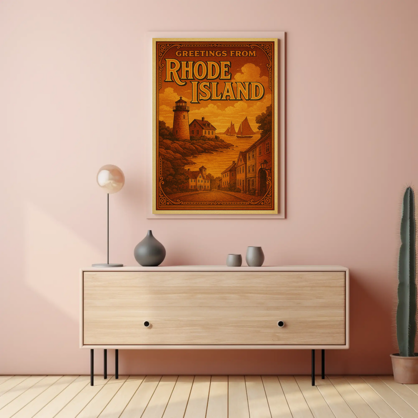 Greetings From Rhode Island Coastal Vintage Lighthouse Travel Poster Travel Poster