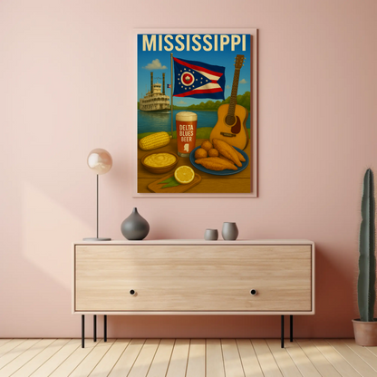 Mississippi River Guitar Beer Catfish Corn Flag Travel Poster