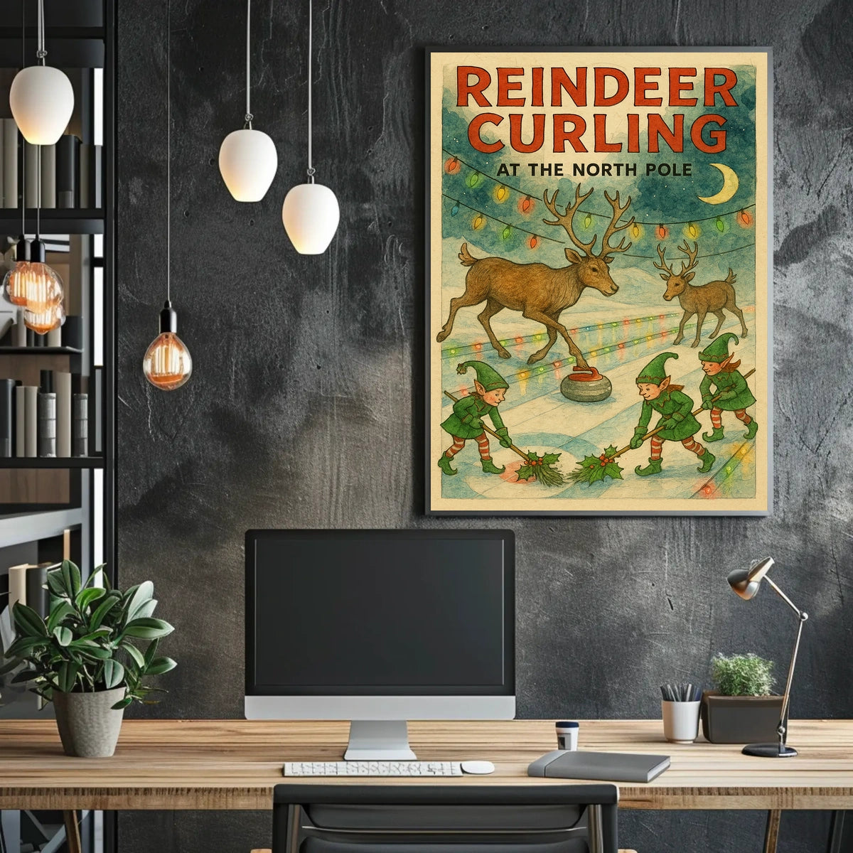 Reindeer Curling at the North Pole Poster