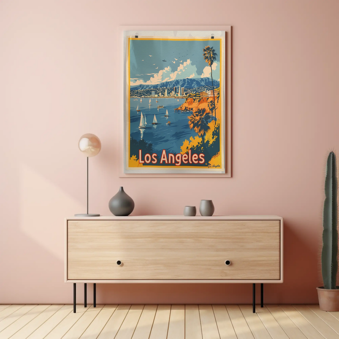Los Angeles Coastline Sailboats Skyline Sunset Travel Poster