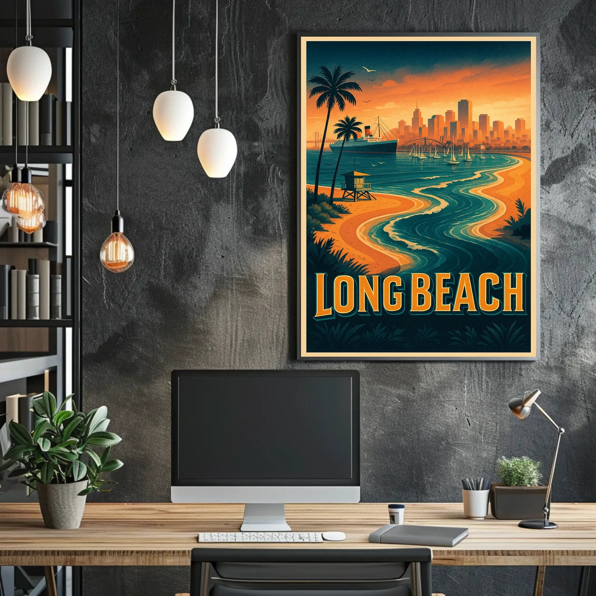 Long Beach Coastal Scene Retro Style Palm Trees City Skyline Poster