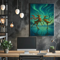 Whimsical Ice Skating Reindeer Northern Lights Fantasy Poster
