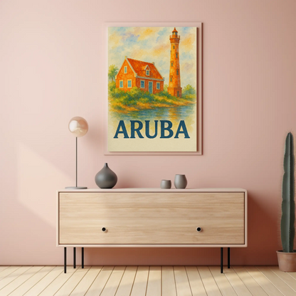 Aruba Lighthouse Ocean Hut Sunset Travel Poster