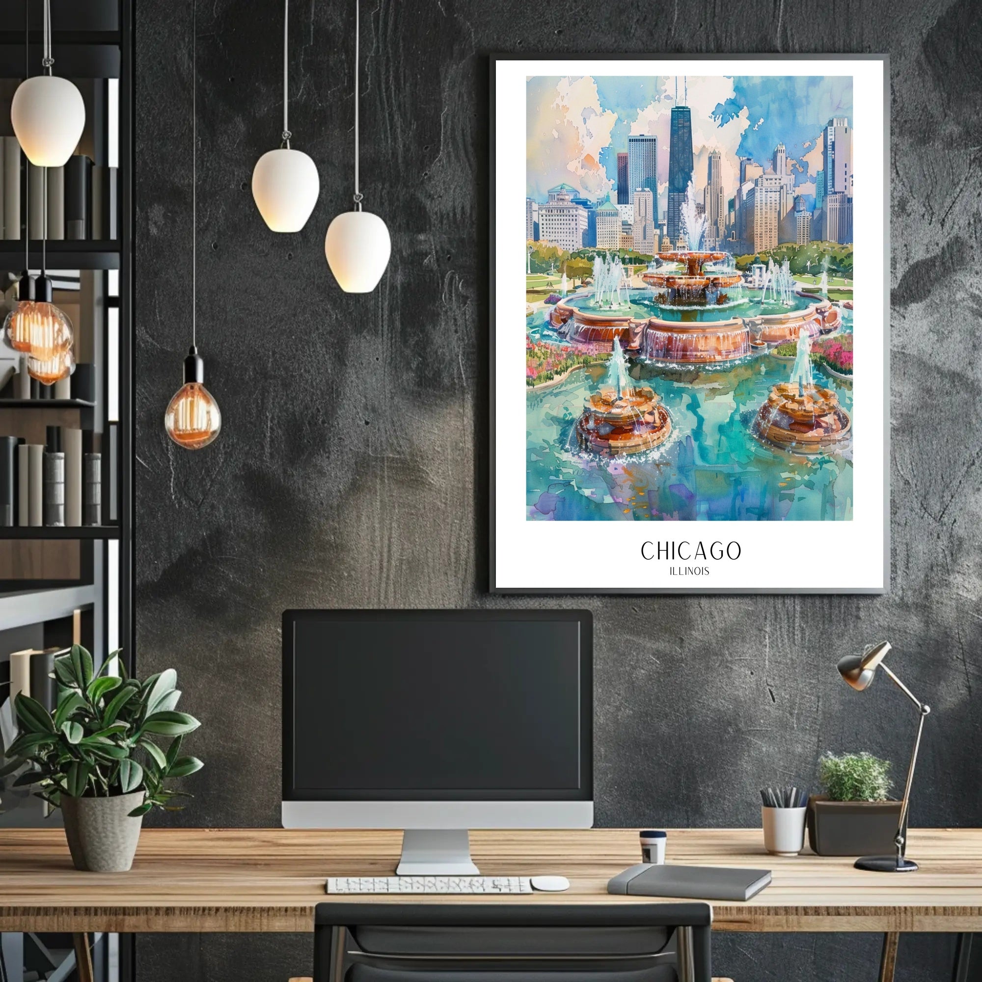 Chicago Skyline with Buckingham Fountain Urban Cityscape Poster PosterGoat