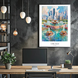 Chicago Skyline with Buckingham Fountain Urban Cityscape Poster PosterGoat