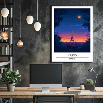 Eiffel Tower Twilight Scene Paris Travel Poster