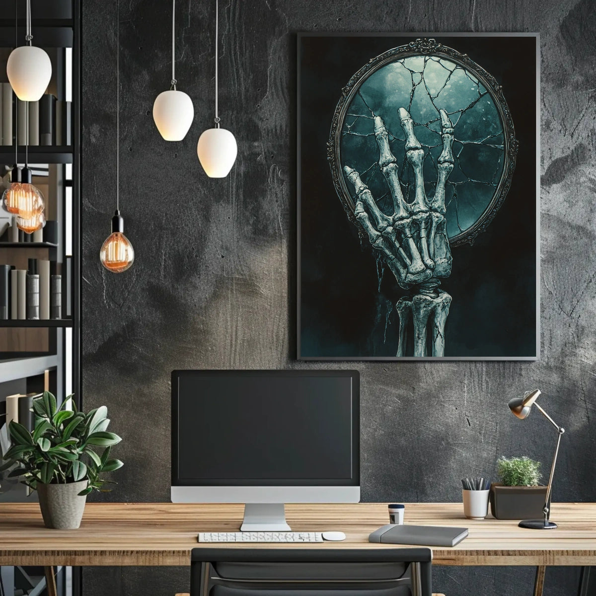 Skeletal Hand Mirror: Abstract, Artistic, or Pop Culture Poster