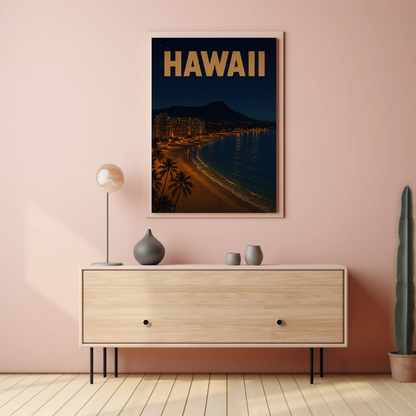 Hawaii Coastline At Night With Hotels Travel Poster
