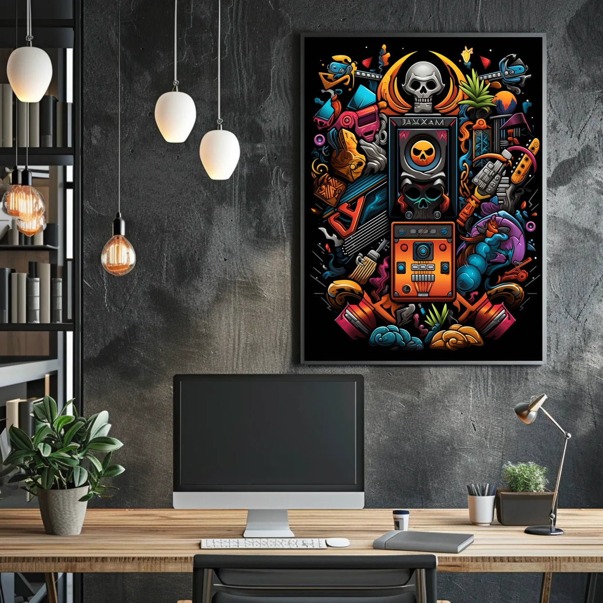 Vibrant Skull Surrealism: Modern Abstract Art Poster
