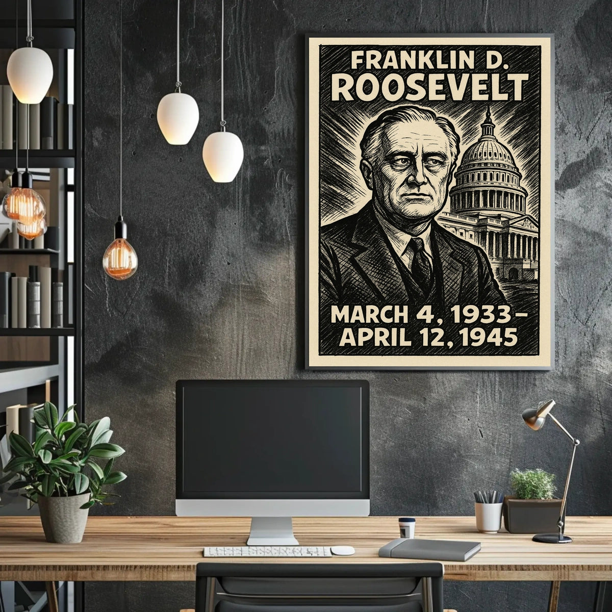 Franklin D. Roosevelt 32nd President of the United States B & W Comic Sketch Poster