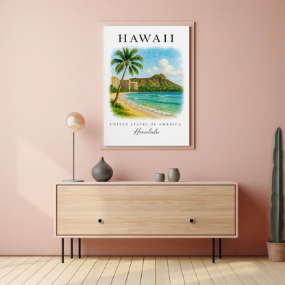 Honolulu Hawaii Diamond Head Beach Scene Poster