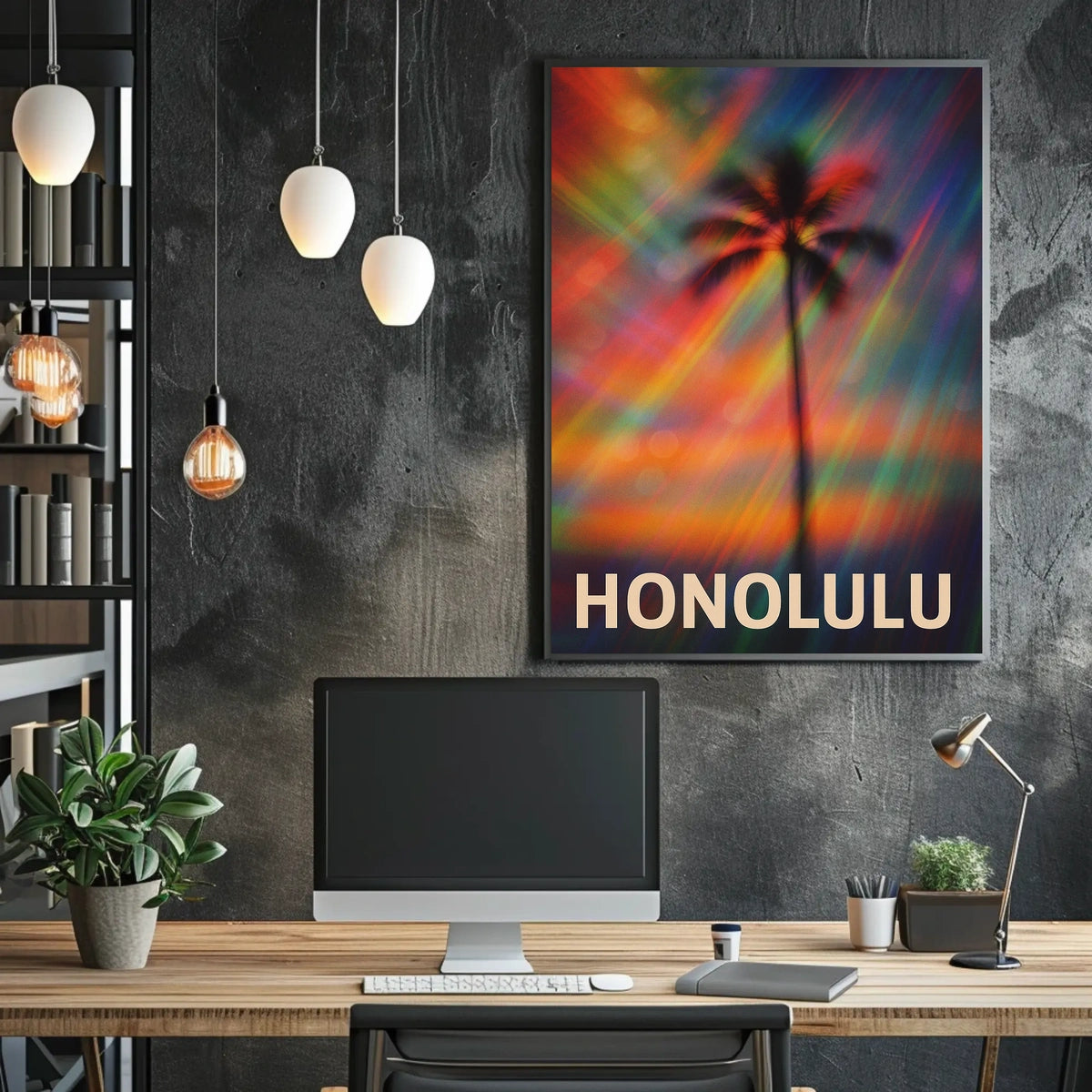 Vibrant Honolulu Skyline Digital Painting Poster