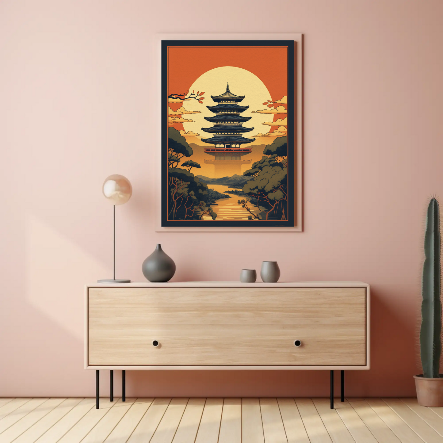 Japanese Temple Sunset Silhouette Travel Poster