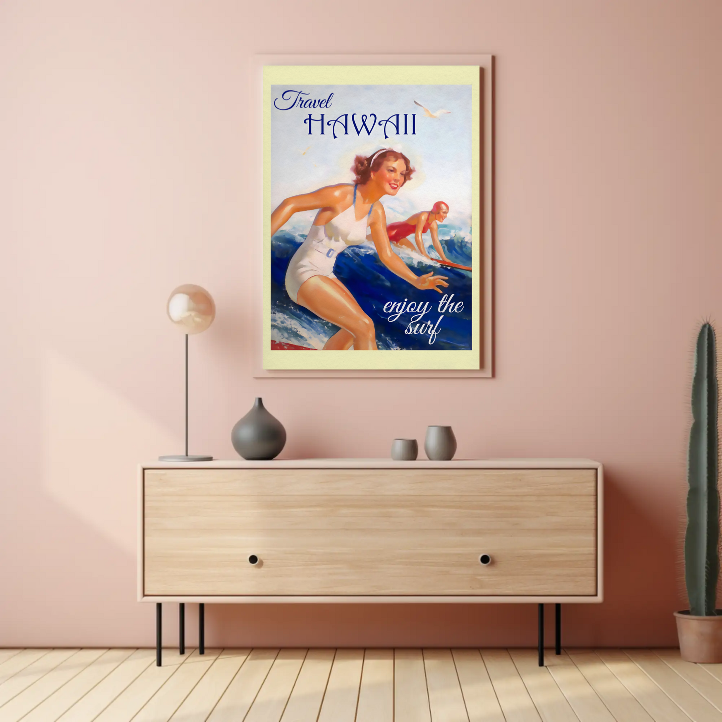 Hawaii Vintage Women Surfing Ocean Retro Travel Poster