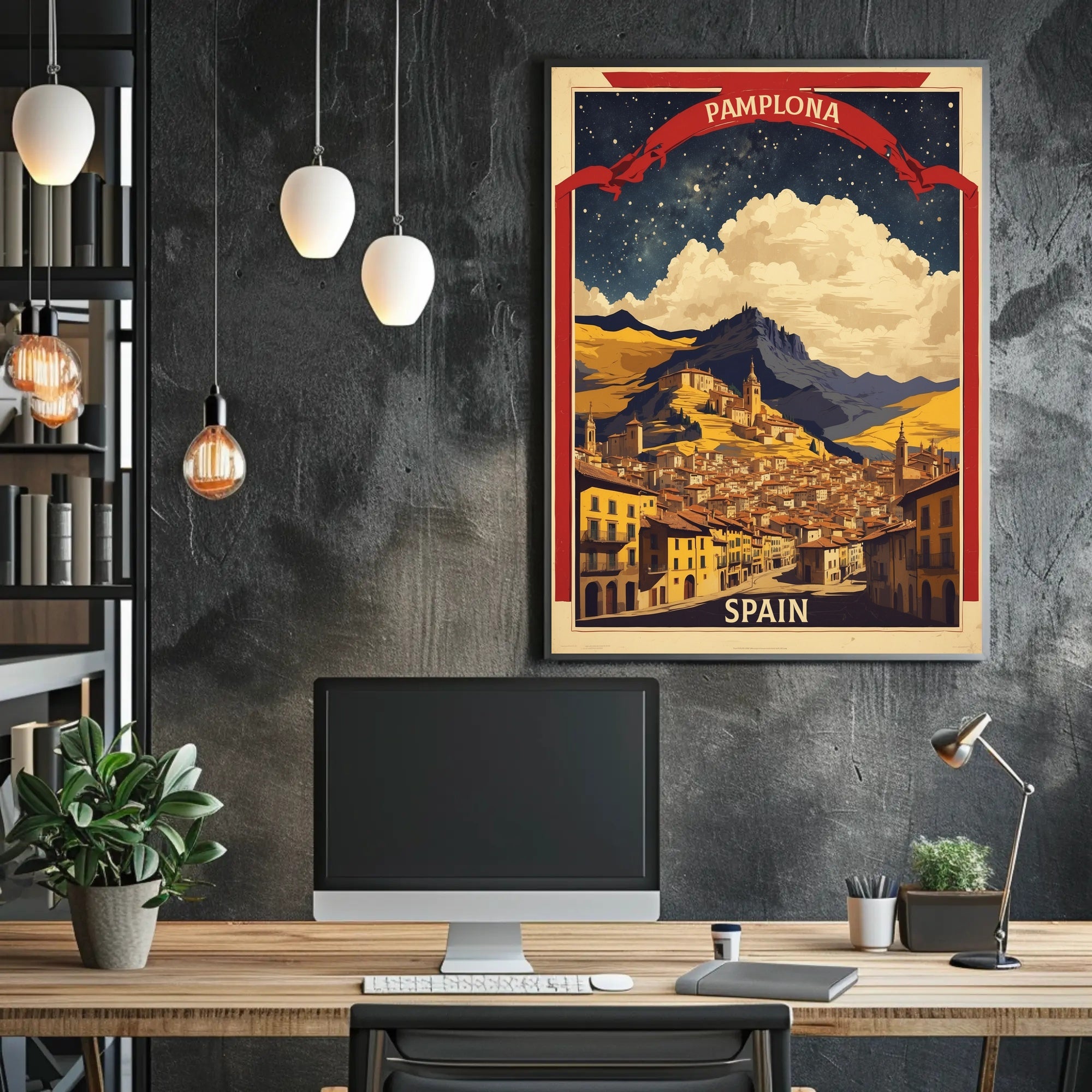 Pamplona Vintage Cityscape Night Sky Travel Poster