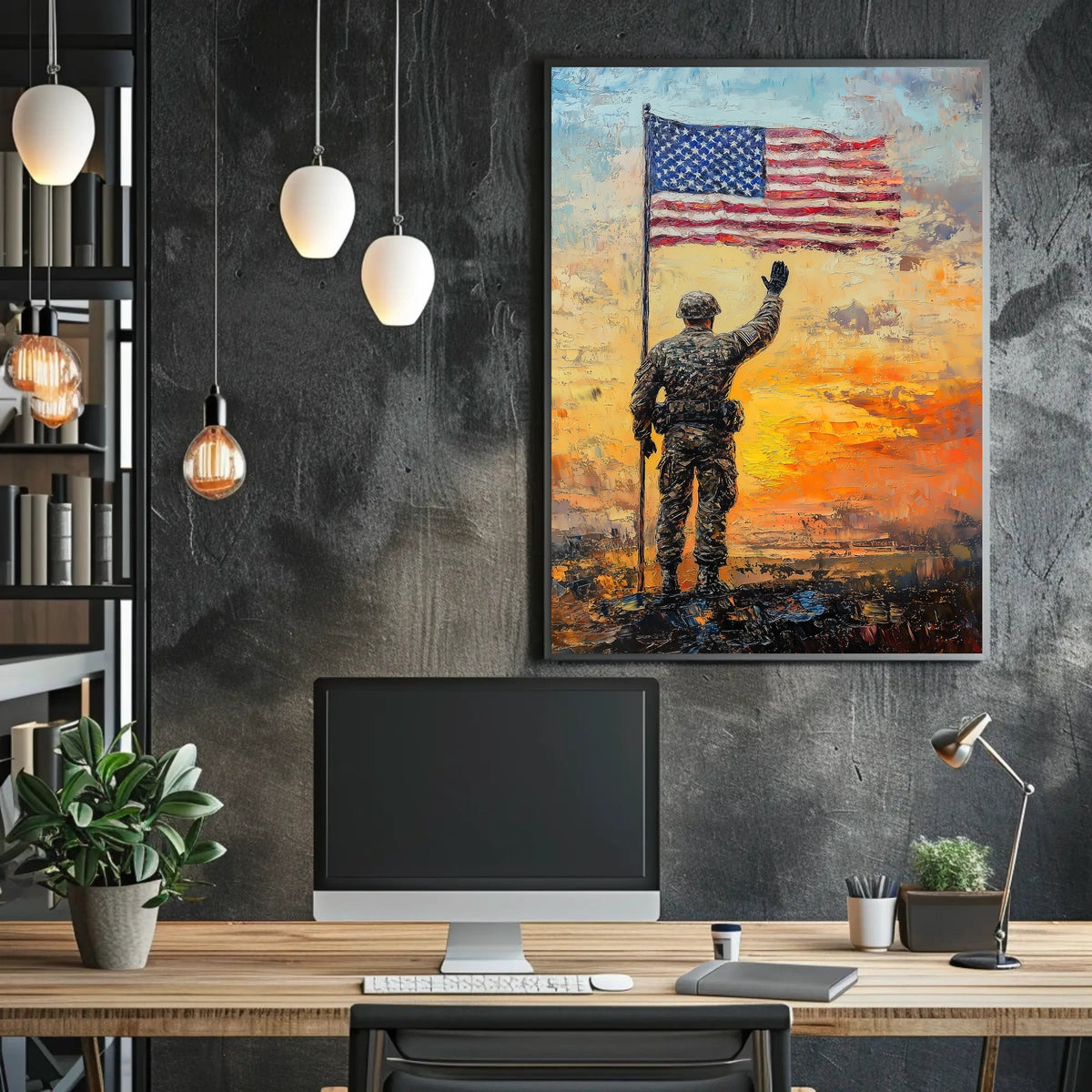 soldier saluting the American flag at sunrise Poster