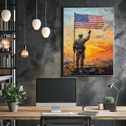 soldier saluting the American flag at sunrise Poster