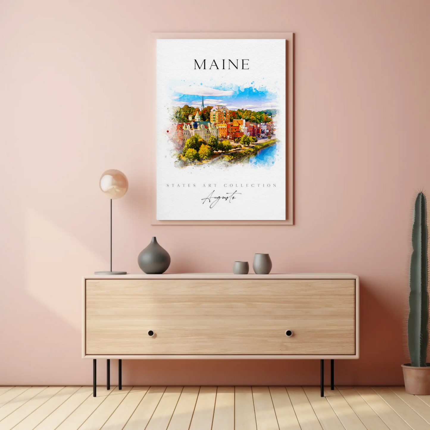 Maine Augusta Skyline Watercolor States Collection Poster