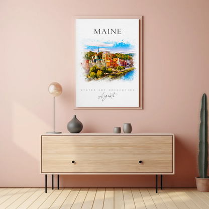 Maine Augusta Skyline Watercolor States Collection Poster
