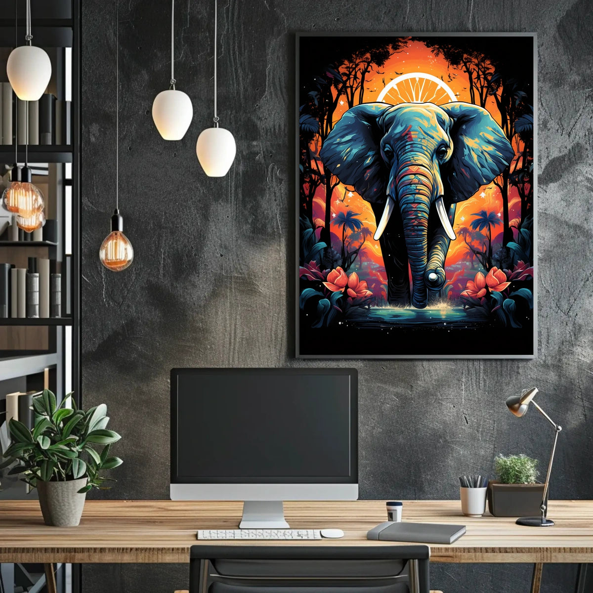 Majestic Elephant Jungle Sunset Art Poster