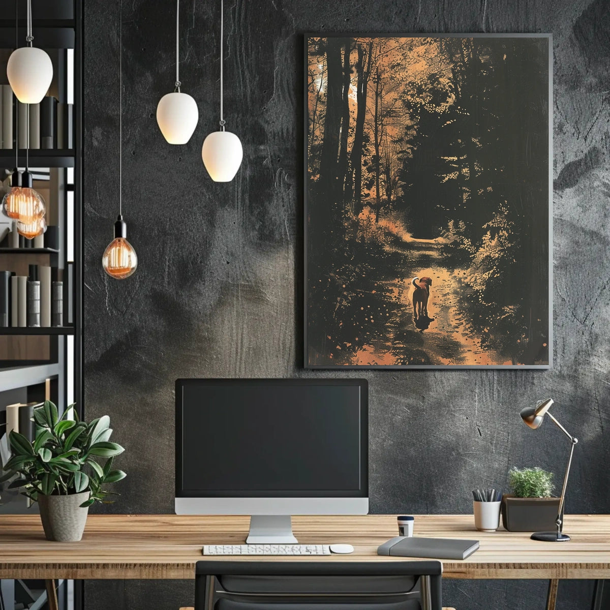 Serene Woodland Walk with Dog Autumn Poster