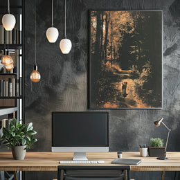 Serene Woodland Walk with Dog Autumn Poster