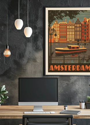 Amsterdam Vintage Travel Poster Depicting Retro Canal Scene