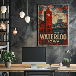 Waterloo Iowa Clock Tower Americana Vintage Poster