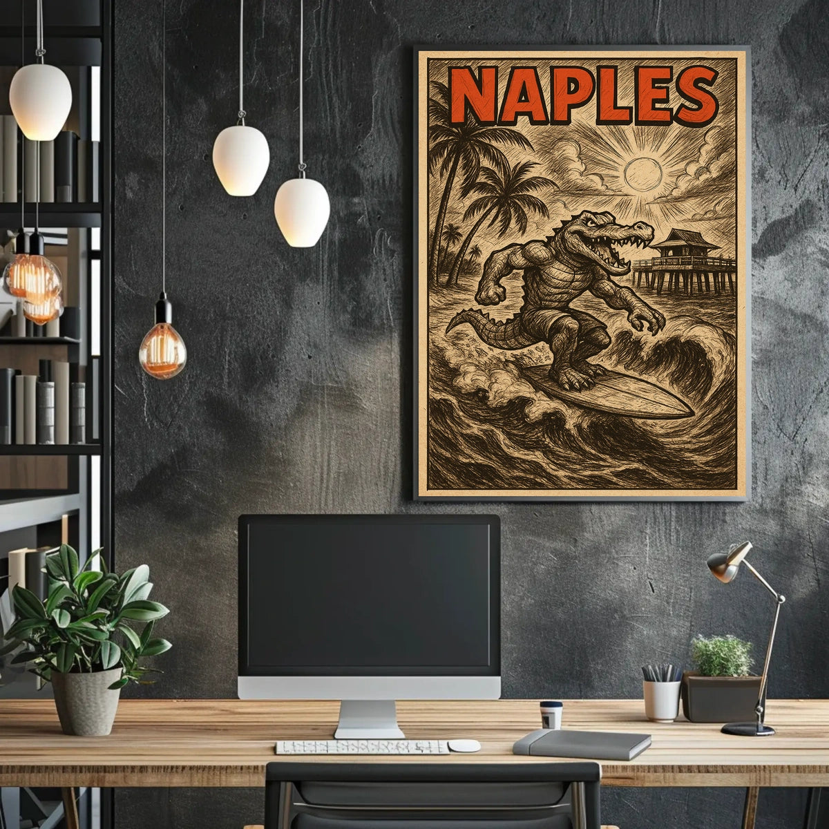 Coastal Surfing Alligator In Naples Poster Wall Art