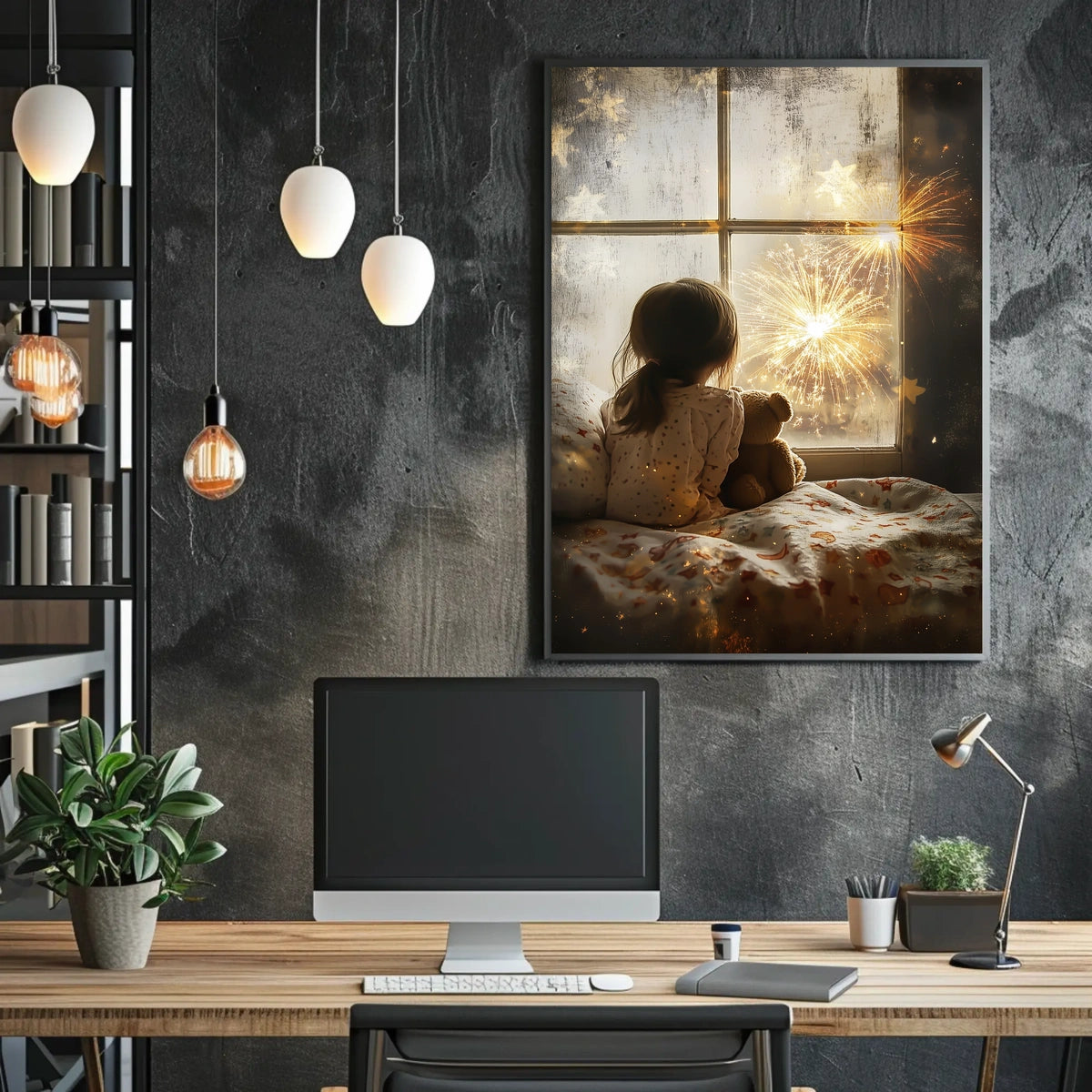 Little Girl Watching Fireworks At Window Scene Poster