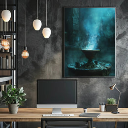 Mystical Ancient Temple with Enchanting Blue Flames PosterGoat