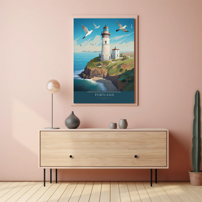 Portland Coastal Lighthouse and Seagulls Travel Poster