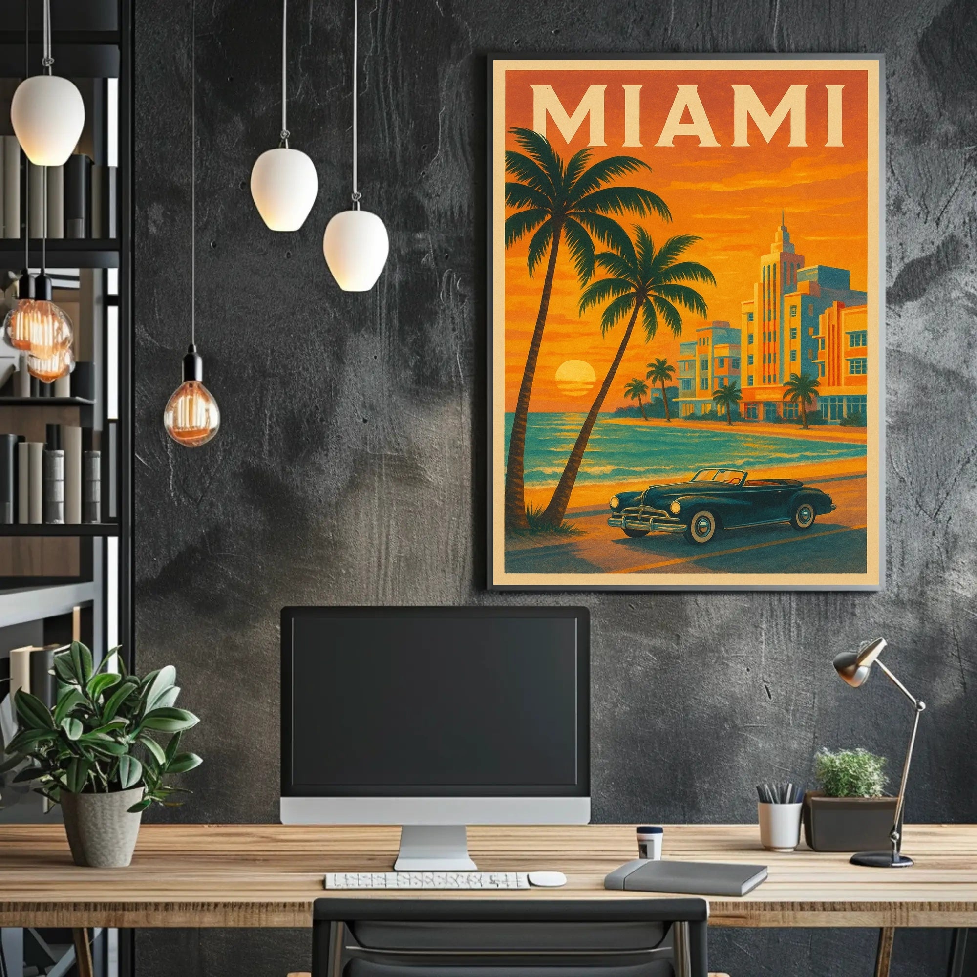 Miami Sunset Convertible - Vintage Travel Poster