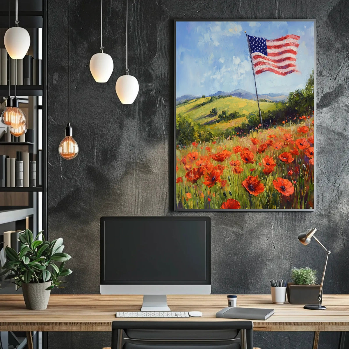 peaceful field of poppies with one large American flag Poster